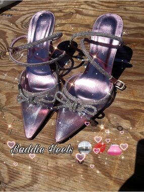Streetwear Society Metallic Pink Pointed Toe Strappy Heels with Rhinestone Bow